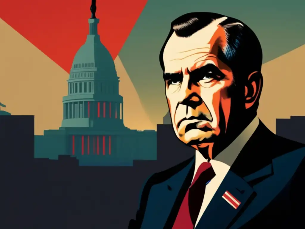 En una ilustración digital, Richard Nixon conversa en secreto con sus asesores, con la sombra del complejo Watergate al fondo