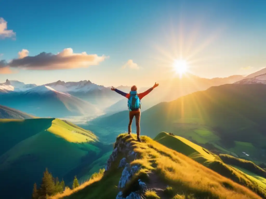 Un ser radiante se alza en la cima de una montaña, sonriendo y extendiendo sus brazos