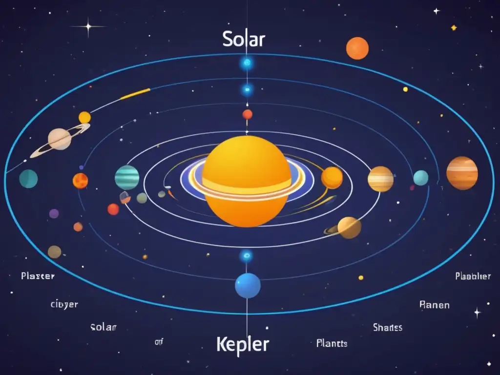 Un sistema solar detallado y elegante, con las órbitas planetarias y los colores realistas, que muestra las leyes de Kepler en el sistema solar