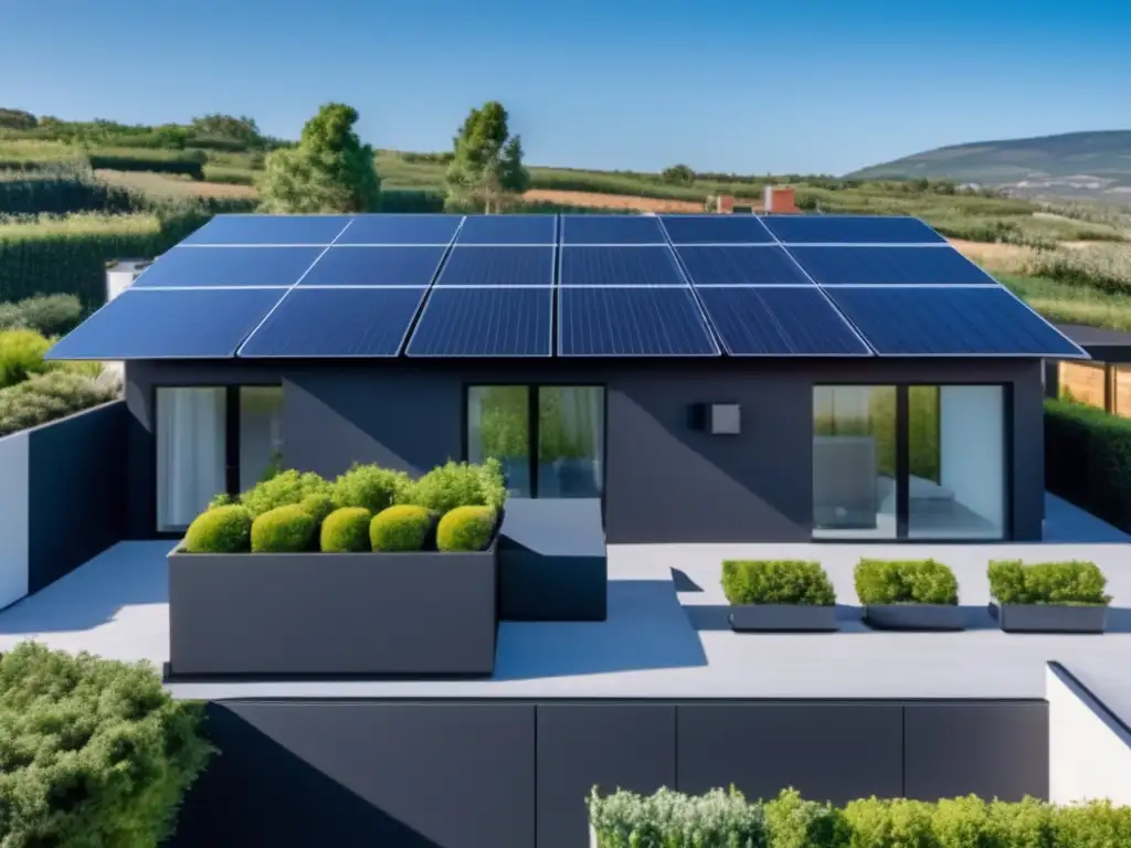 Un sistema solar residencial moderno y elegante se fusiona armoniosamente con la naturaleza, capturando los beneficios de la energía solar