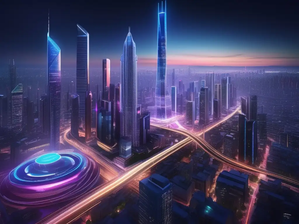 El skyline de la ciudad al atardecer, con rascacielos futuristas iluminados por luces de neón