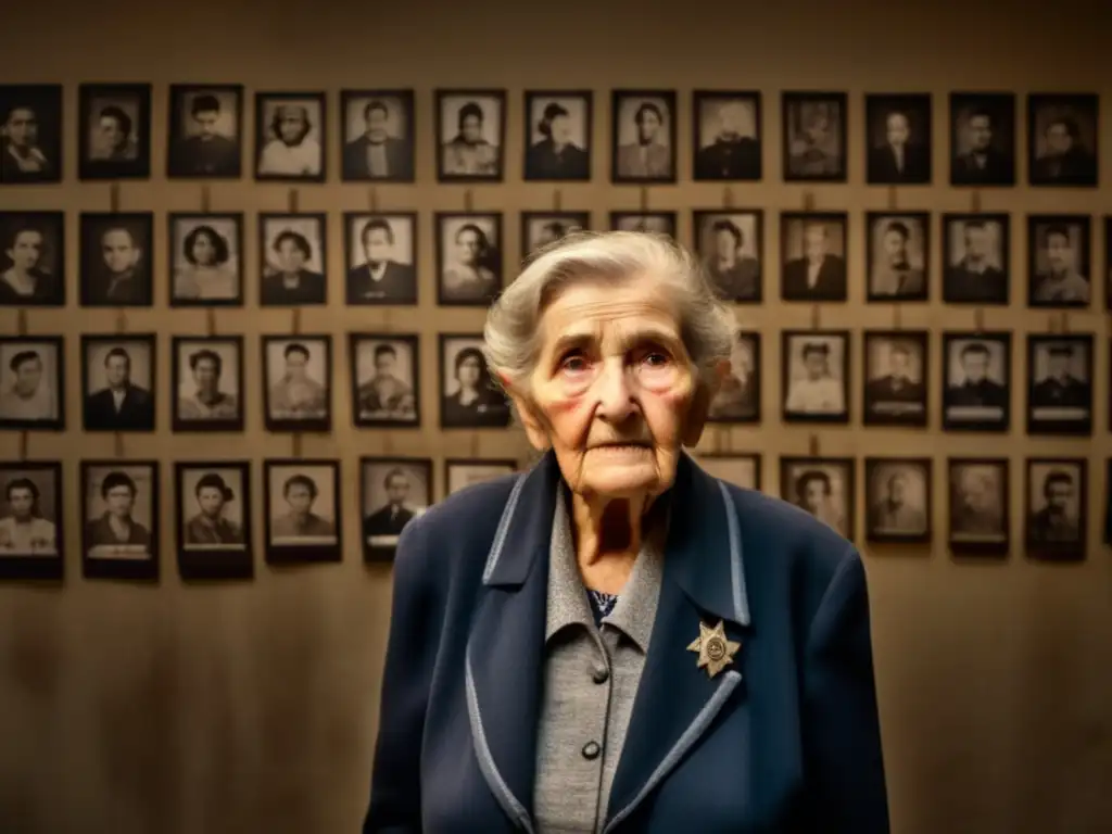 Una sobreviviente del Holocausto sostiene una foto de su familia en una habitación sombría llena de fotos y documentos históricos