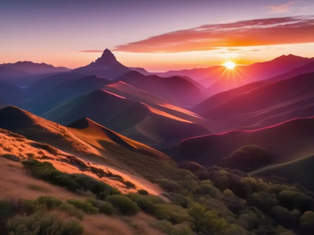 El sol se pone sobre las montañas, iluminando el paisaje con tonos naranjas y rosados