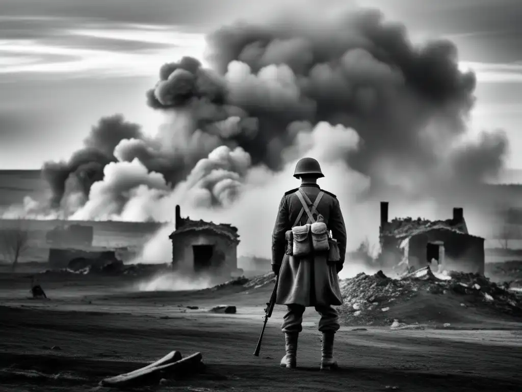 Un soldado solitario contempla el desolado paisaje de guerra