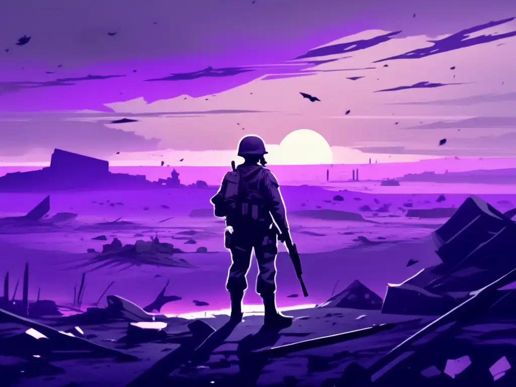 Un soldado solitario contempla la devastación de la guerra al atardecer