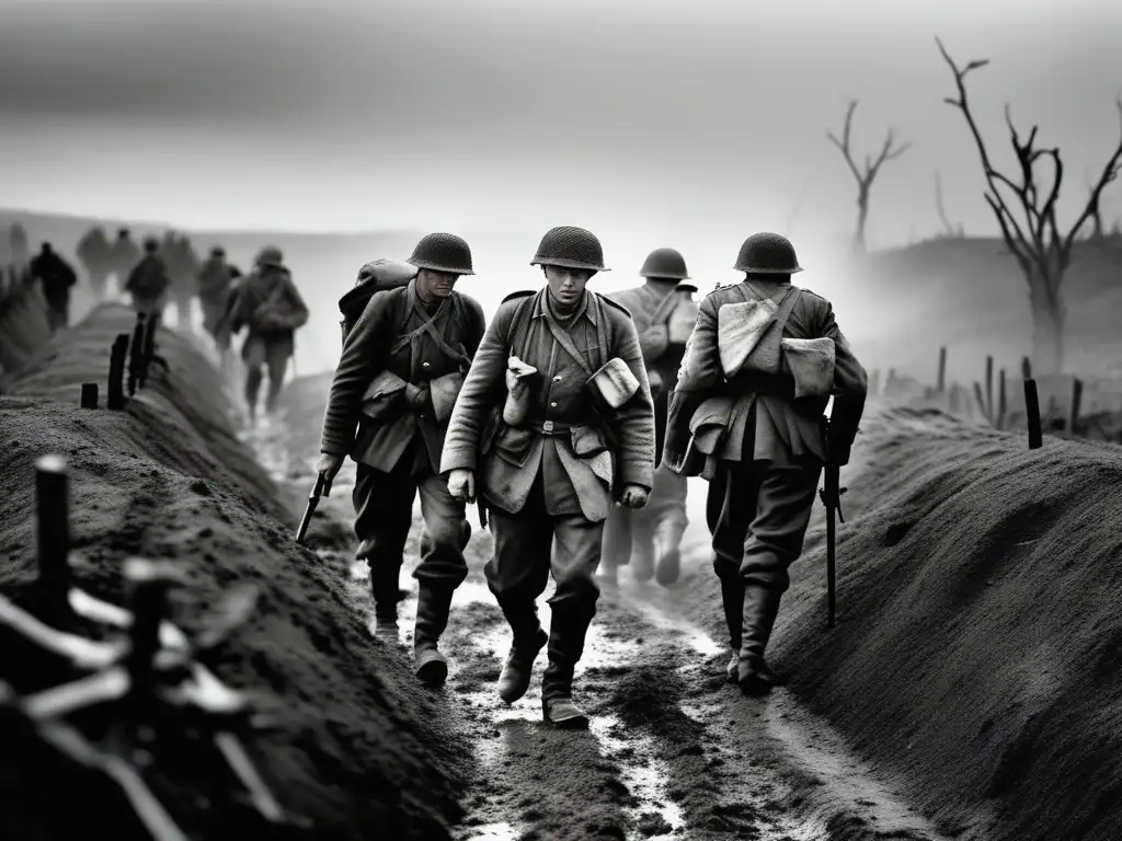 Soldados cansados traspasan trincheras, expresiones desgastadas, uniformes raídos