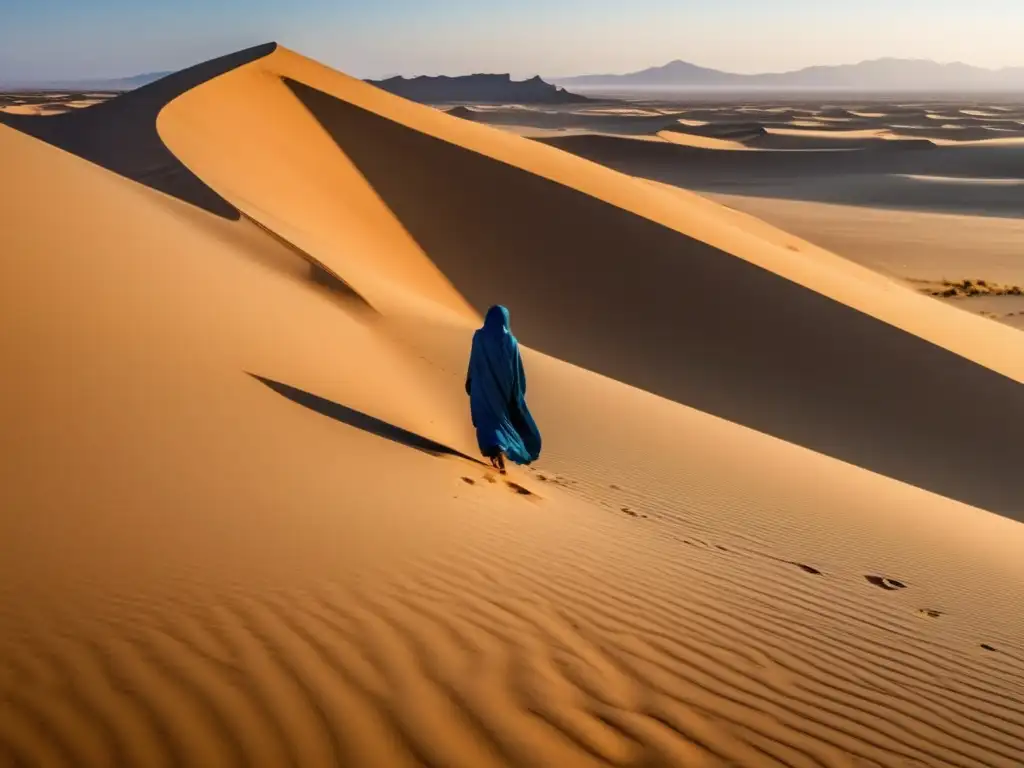 Un solitario viajero avanza con determinación en un vasto desierto