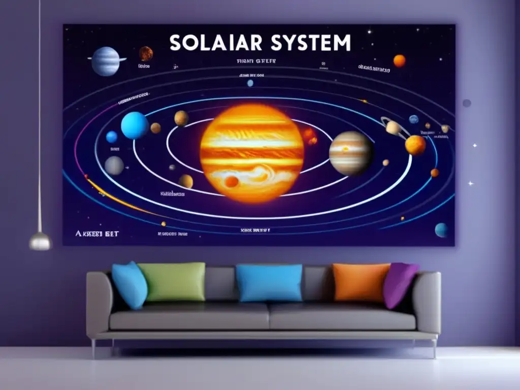 Un sorprendente retrato del sistema solar, con planetas y lunas en colores realistas y el sol brillante en el centro