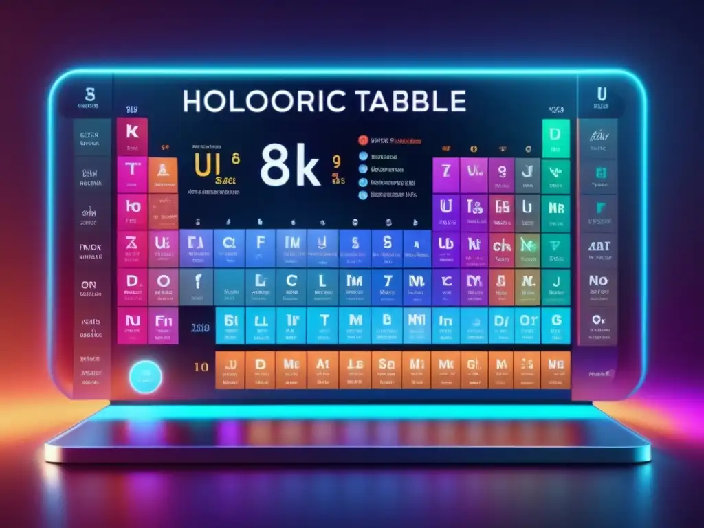 Tabla periódica interactiva: una imagen impactante en 8k que muestra un fascinante mundo de elementos Una tabla periódica interactiva y moderna en una pantalla holográfica futurista