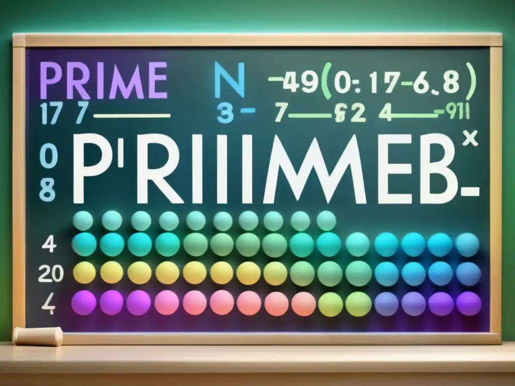 Un tablero lleno de ecuaciones matemáticas, con tizas de colores que resaltan la belleza y complejidad de los números primos