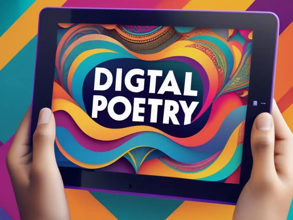 Un tablet muestra una obra de poesía digital vibrante y moderna, reflejando la poesía contemporánea en la era digital