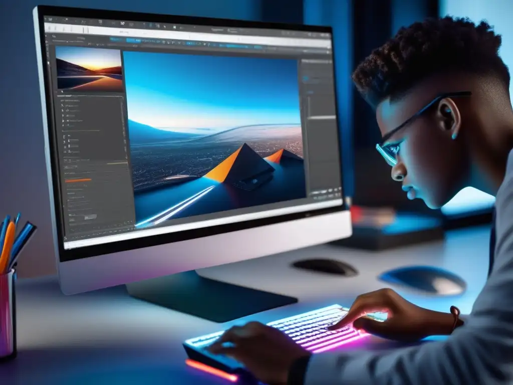 Estudiante de diseño gráfico crea obra maestra digital en un entorno inspirador Un talentoso estudiante de diseño gráfico crea una obra maestra digital en su moderno espacio de trabajo, rodeado de herramientas de vanguardia