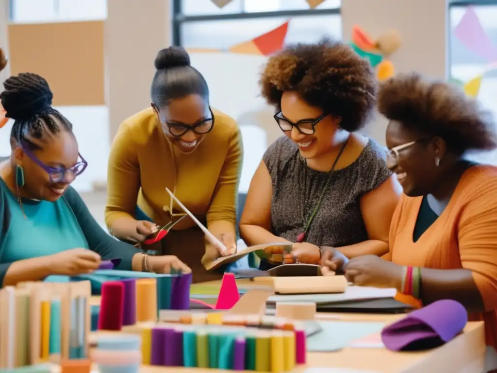 Un taller creativo vibrante y moderno donde personas diversas colaboran y se expresan a través de diferentes medios