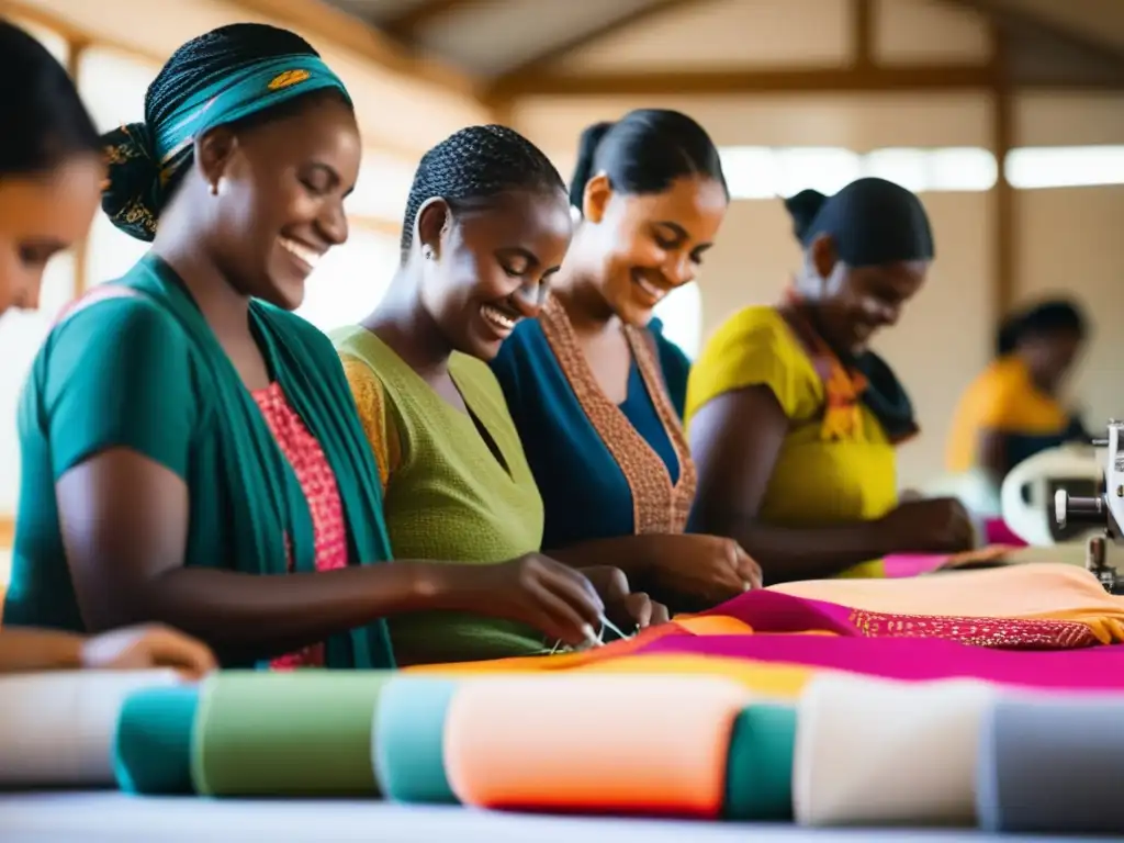 Un taller de moda sostenible, con trabajadores cosiendo telas ecológicas bajo una cálida luz natural