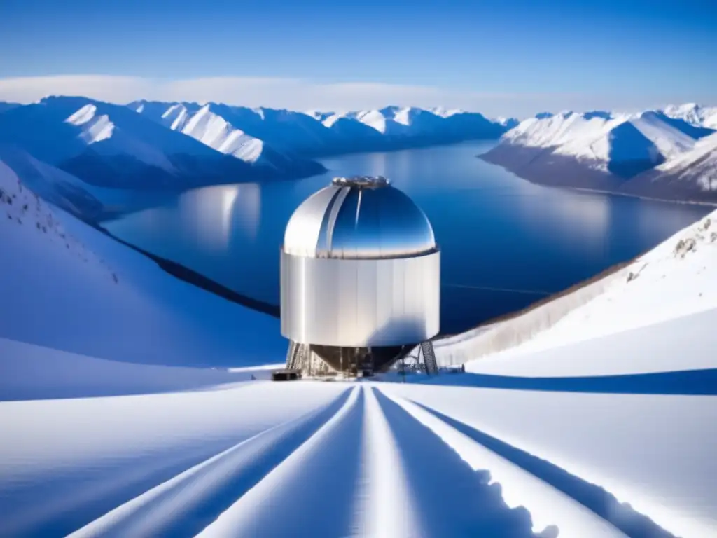 Un telescopio de neutrinos de vanguardia se destaca en un paisaje nevado, rodeado de imponentes montañas y cielo azul