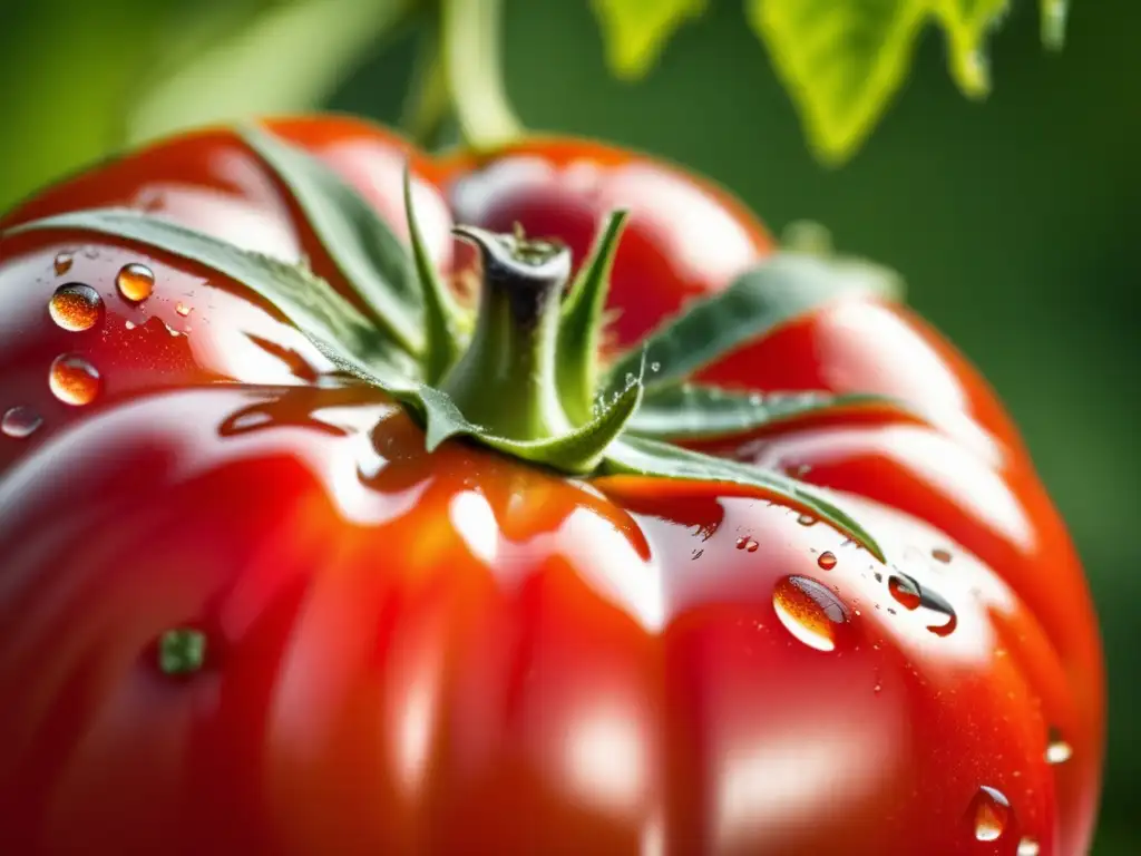 Un tomate rojo vibrante con gotas de agua, rodeado de hojas verdes y tonos cálidos de la tierra