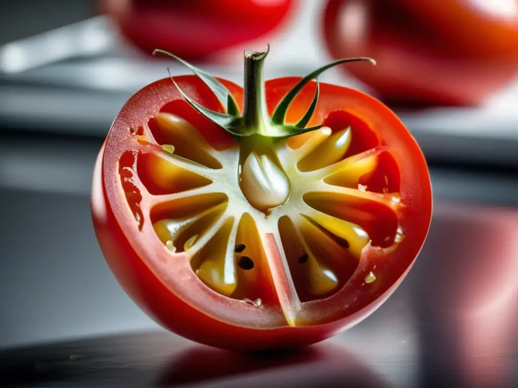 Una tomate transgénico de intenso color rojo, perfectamente cortado, revela sus semillas y jugoso interior