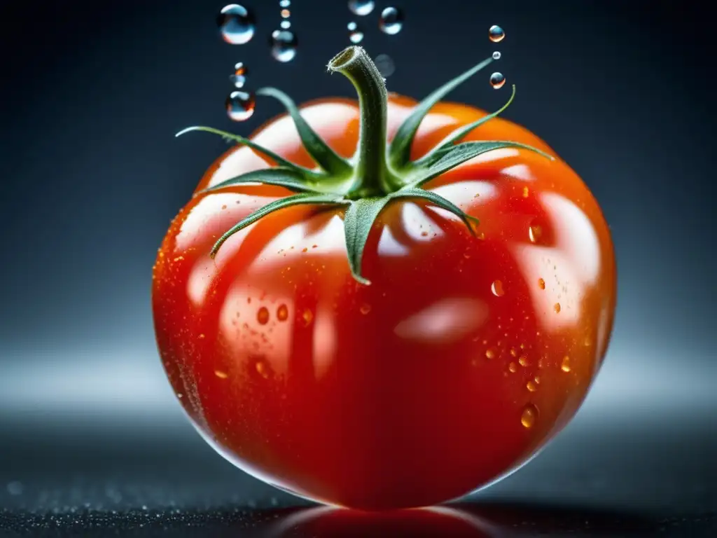 Un tomate transgénico suspendido en el aire, con gotas de agua en su piel