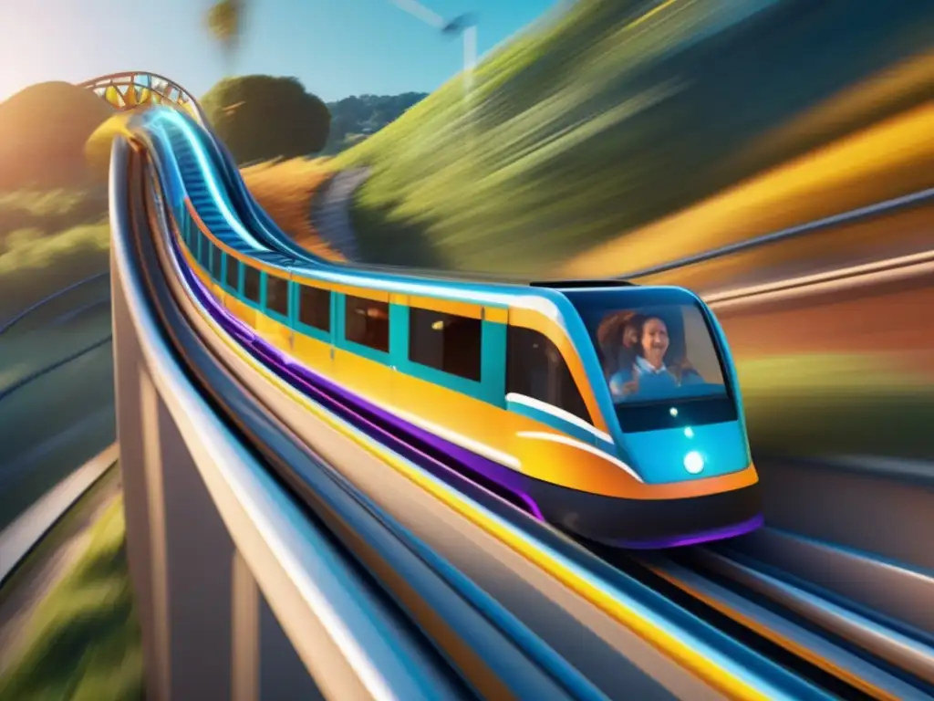 Un tren de montaña rusa se desliza a toda velocidad por una colina empinada, con el cabello de los pasajeros ondeando al viento