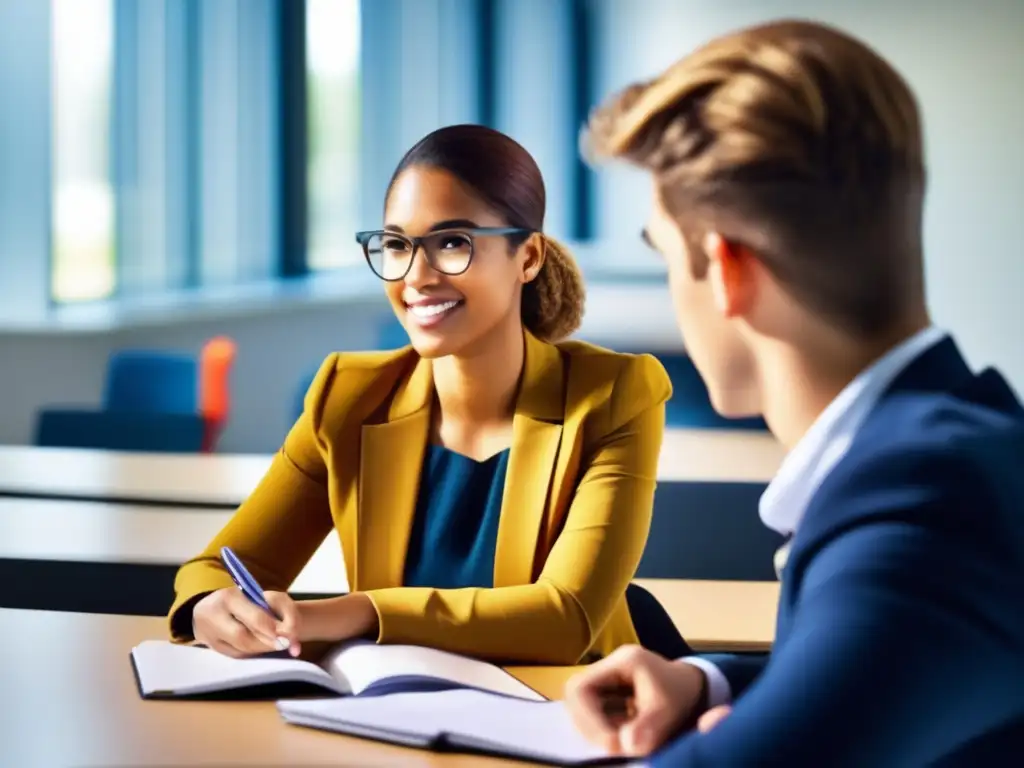 Un tutor profesional y empático guía a un estudiante motivado en un aula luminosa, repleta de inspiración y materiales educativos