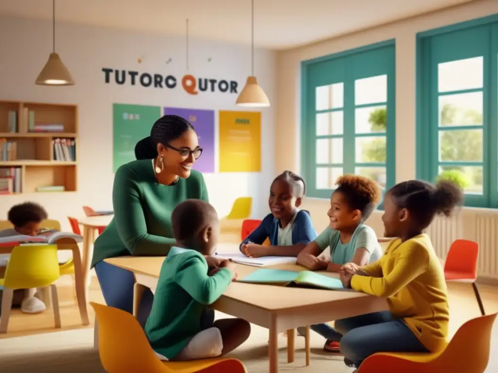 Una tutoría de estimulación del lenguaje en un entorno moderno y vibrante, donde un tutor interactúa con entusiasmo con un grupo de niños