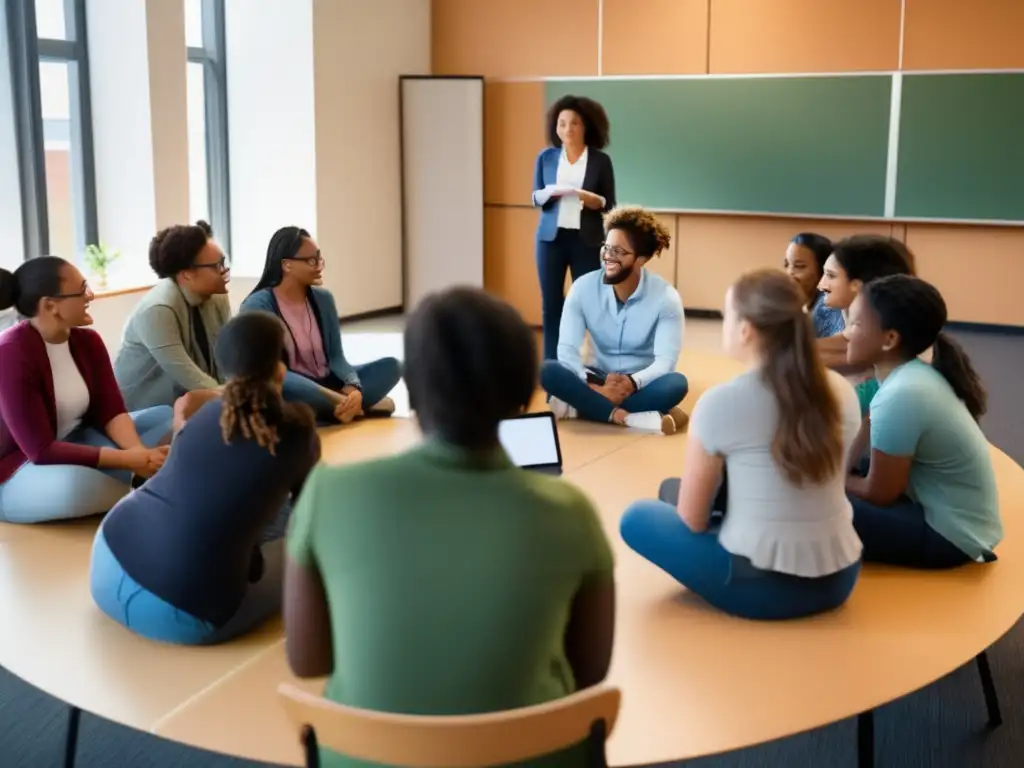 En una tutoría inclusiva con feedback estudiantil, un grupo diverso de estudiantes se reúne en círculo para una animada discusión