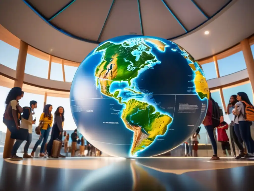 Tutorías de geografía con realidad aumentada: Estudiantes emocionados exploran un globo interactivo, aprendiendo con entusiasmo y tecnología