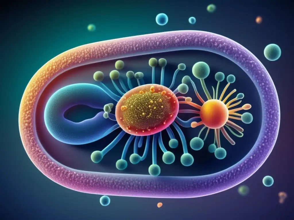 Una ilustración ultradetallada de una célula bacteriana, mostrando las causas de la resistencia a antibióticos a nivel molecular