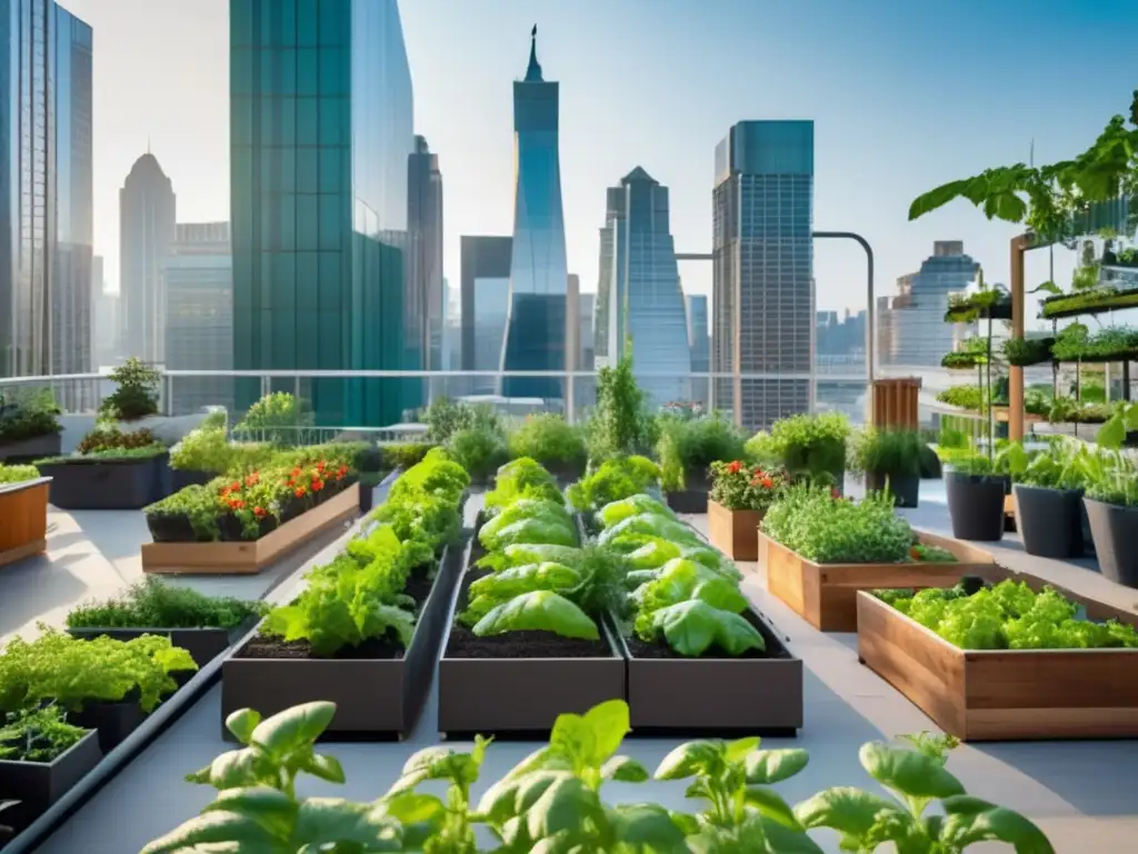 Un jardín urbano vibrante y diverso en el corazón de una bulliciosa ciudad