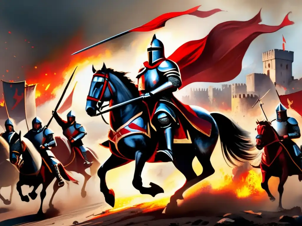 Un valiente caballero de las Cruzadas en la Edad Media lidera una carga en un campo de batalla caótico y polvoriento
