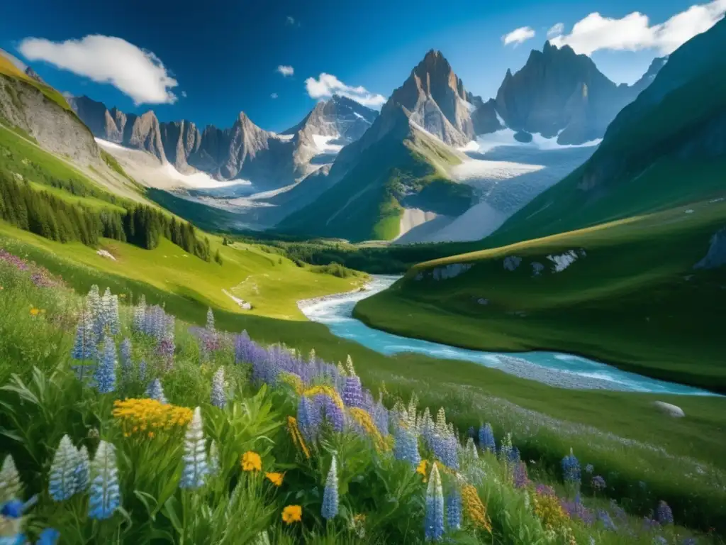 Un valle esculpido por un glaciar en los Alpes Europeos, con picos nevados y flores alpinas