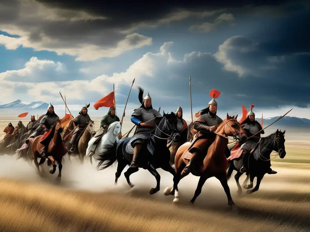 Una vasta estepa euroasiática, Genghis Khan liderando guerreros mongoles en una conquista épica bajo nubes tormentosas