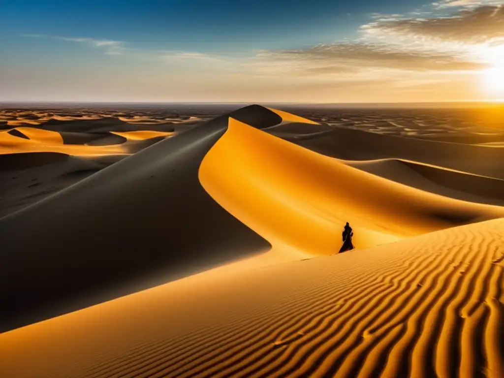 Un vasto desierto dorado se extiende hasta el horizonte, con imponentes dunas creando patrones hipnóticos y texturas