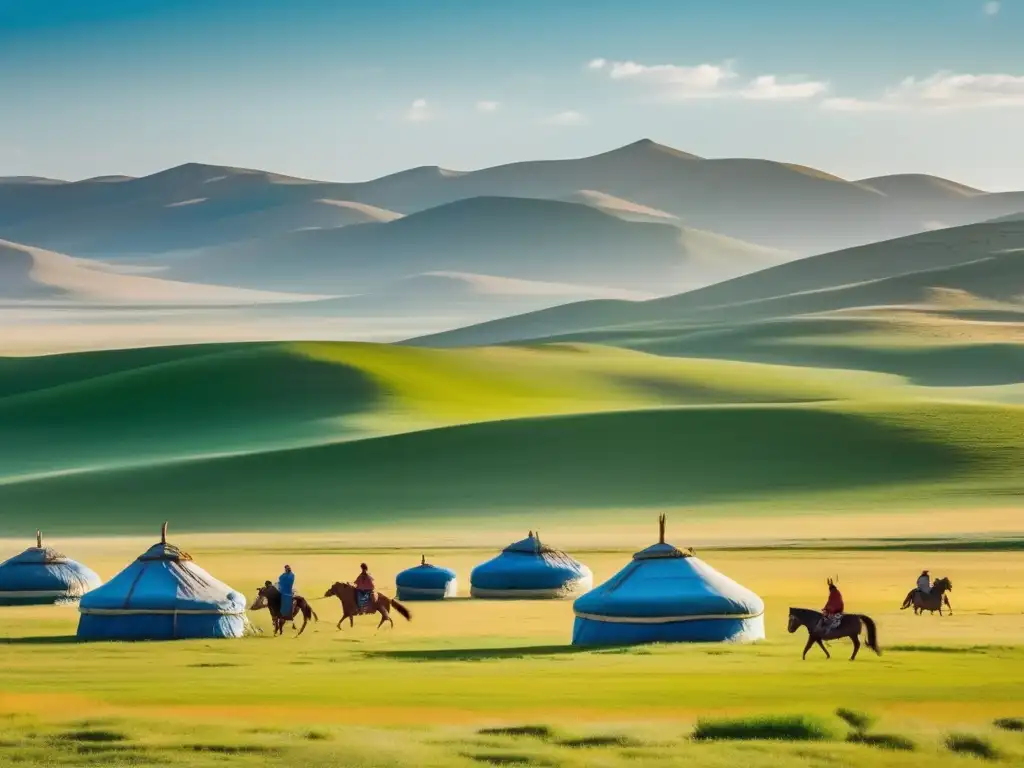 Un vasto paisaje de las estepas de Mongolia, con colinas verdes que se extienden hacia el horizonte bajo un cielo azul
