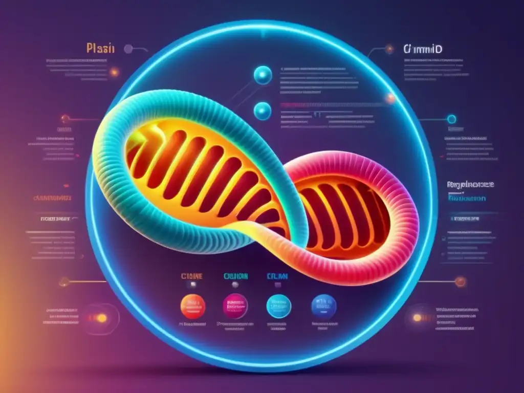 Un vector de plásmido detallado con ADN circular, origen de replicación, gen de resistencia a antibióticos y sitios de clonación