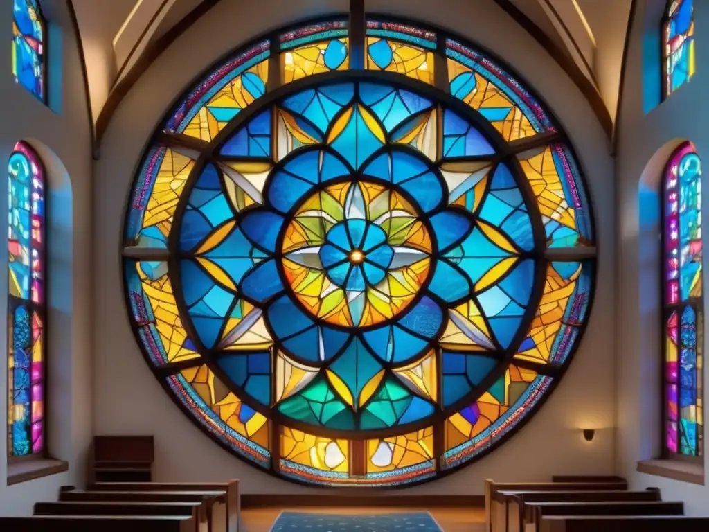 Una ventana de vitral en una iglesia contemporánea irradia colores vibrantes y formas geométricas, mostrando la importancia de la geometría sagrada