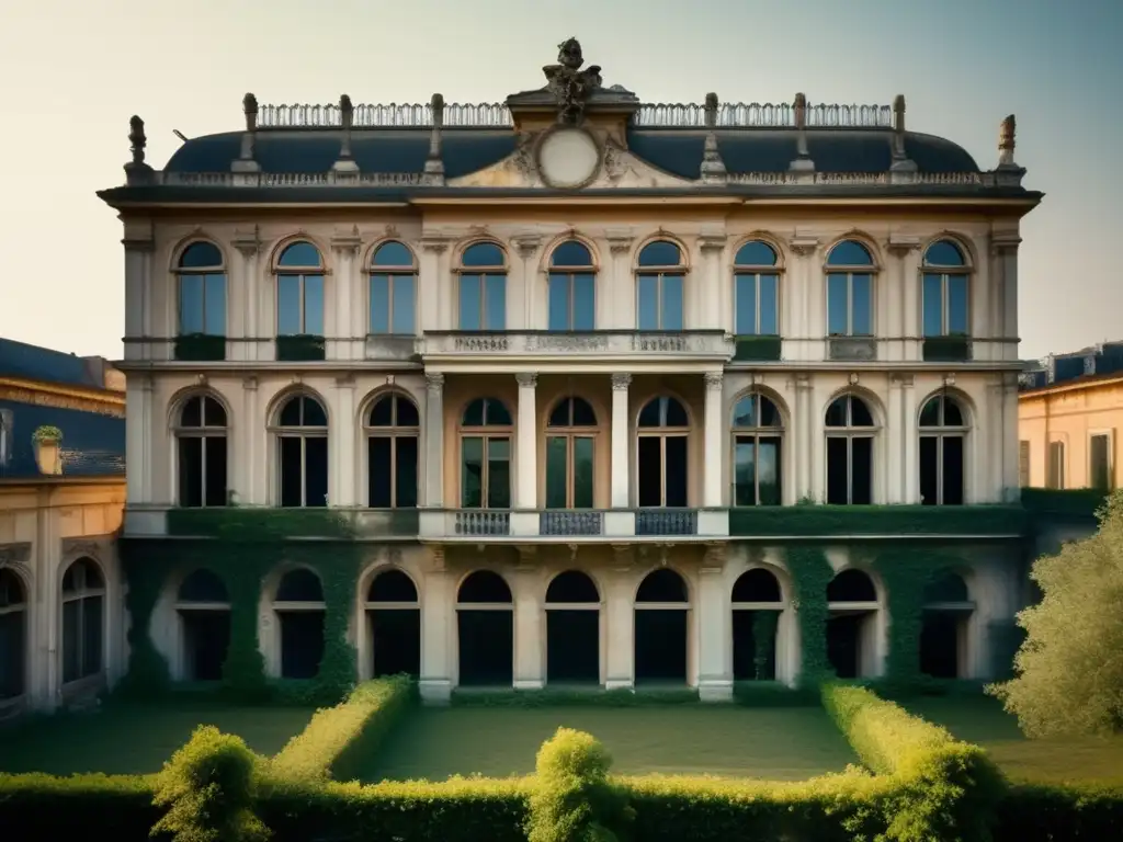 Una vez opulento palacio europeo, ahora en ruinas con enredaderas y ventanas rotas