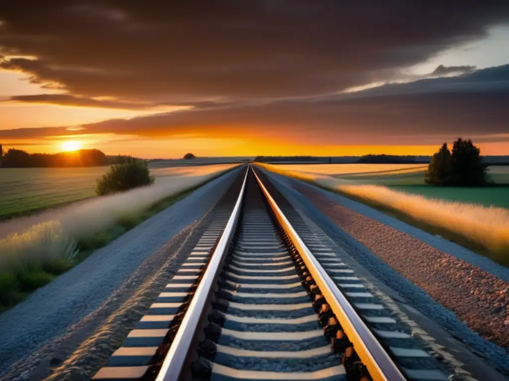 Dos vías de tren se extienden hacia el horizonte, bañadas por la luz dorada de un atardecer dramático