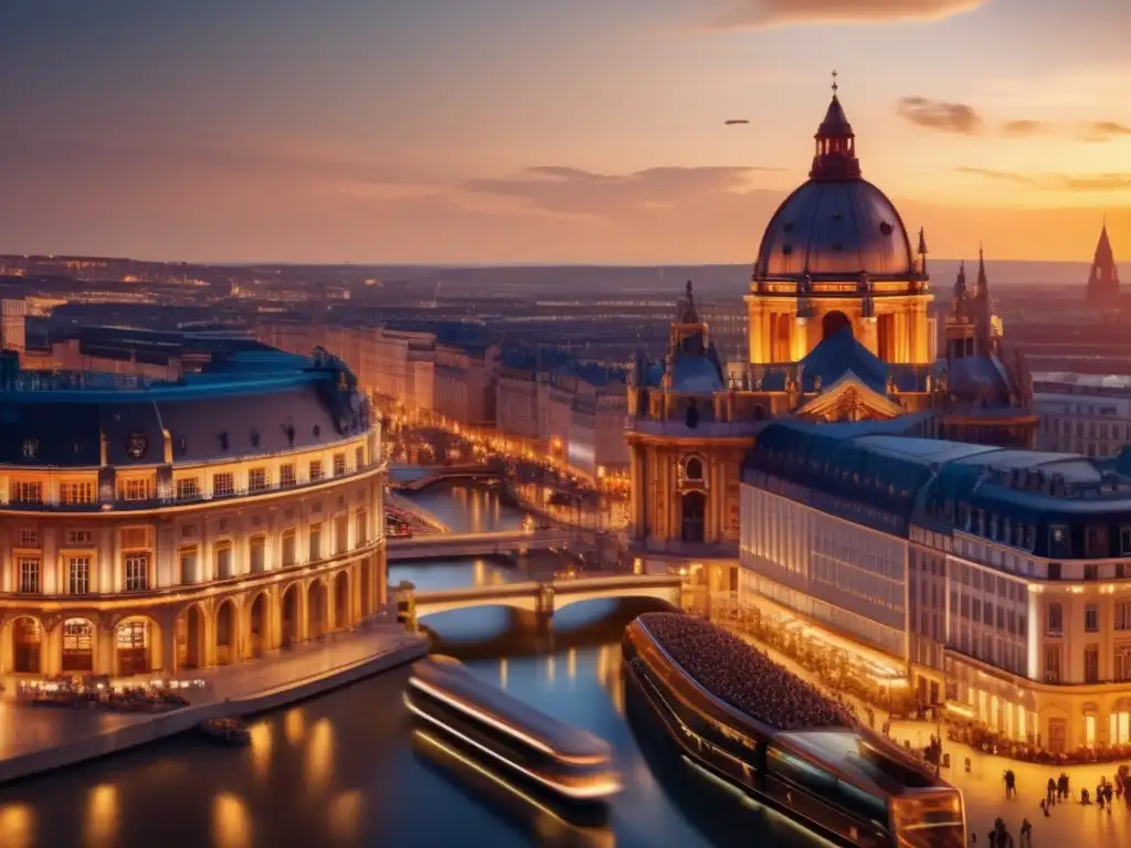 Un vibrante atardecer en una ciudad europea: modernidad e historia se entrelazan