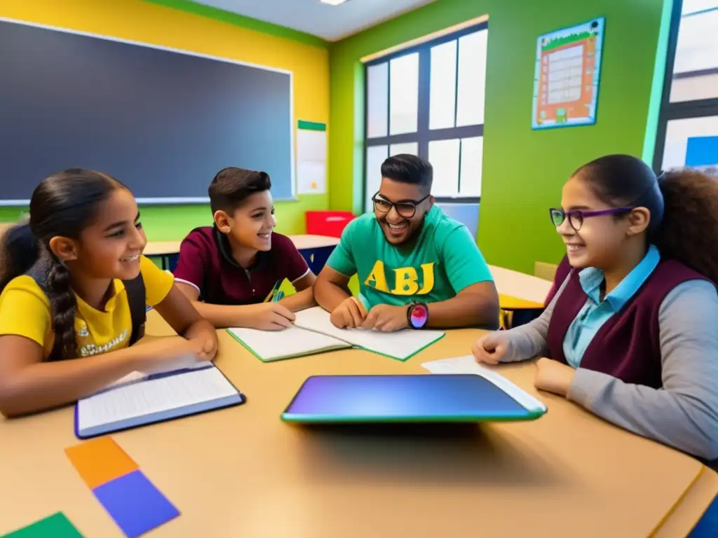 Un vibrante aula moderna llena de materiales educativos coloridos y tecnología interactiva