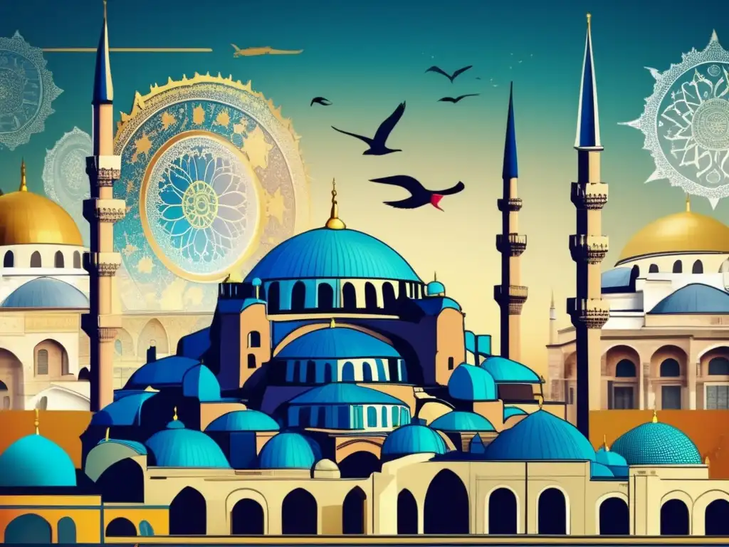 Un vibrante collage digital que retrata el choque cultural entre el Imperio Otomano y Europa, con la Hagia Sophia y la Mezquita Azul junto a famosos hitos europeos