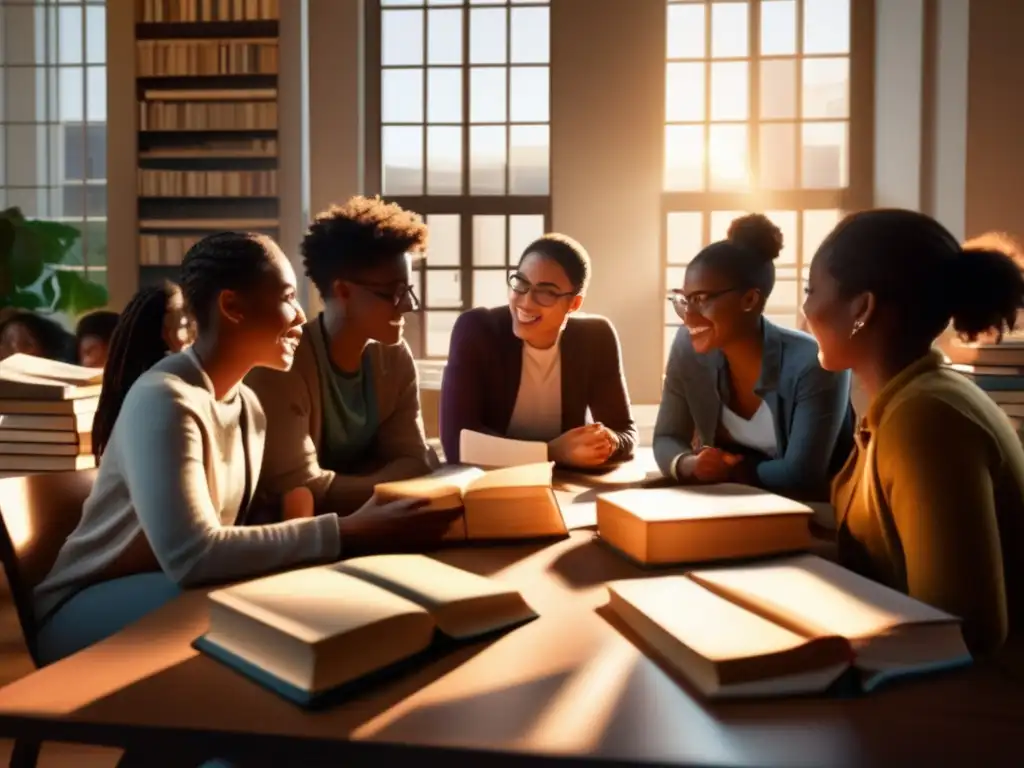 Un vibrante debate sobre literatura, resistencia y poder opresor entre estudiantes diversos en un aula moderna, con luz natural y libros