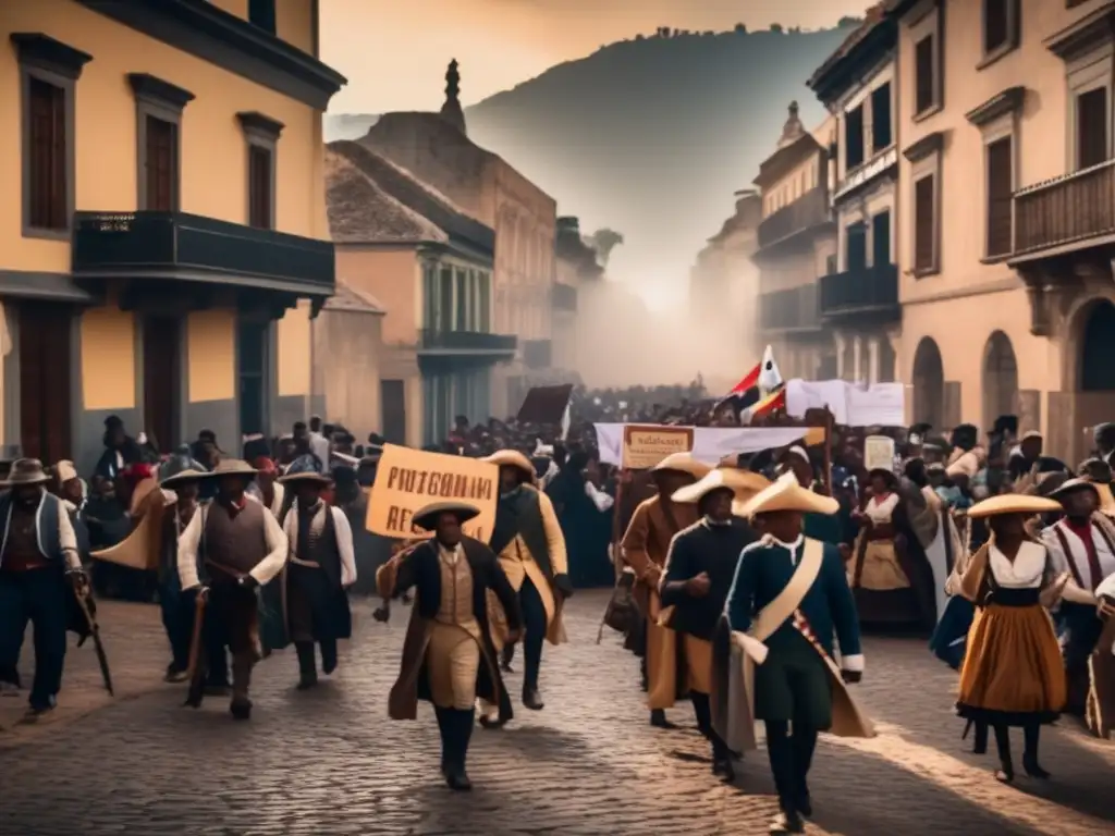 Un vibrante desfile de protesta en una ciudad colonial con gente diversa expresando resistencia a la expansión colonial