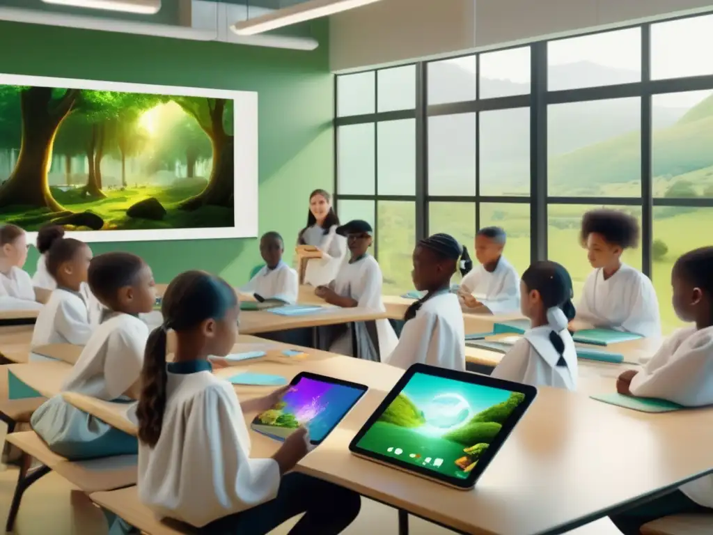 Una experiencia educativa de realidad aumentada vibrante e inmersiva en un aula con estudiantes - Un vibrante y detallado salón de clase, lleno de estudiantes inmersos en una emocionante lección de arte en Realidad Aumentada