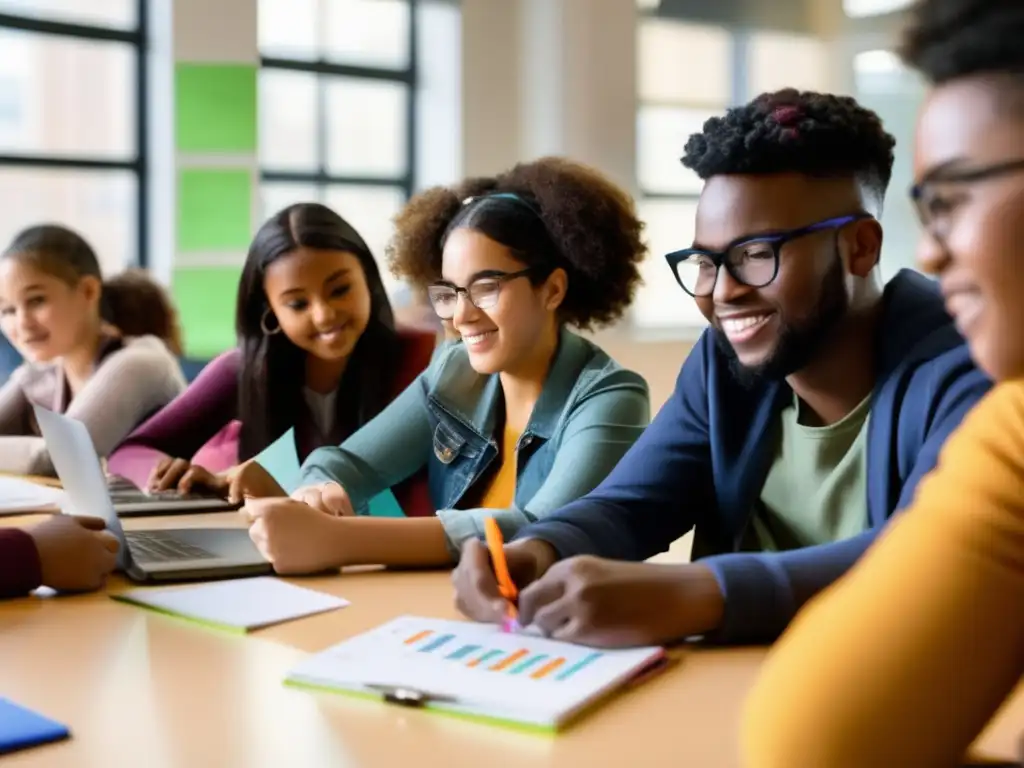 Un vibrante grupo de estudiantes se reúne en una aula moderna, inmersos en actividades prácticas de matemáticas aplicadas