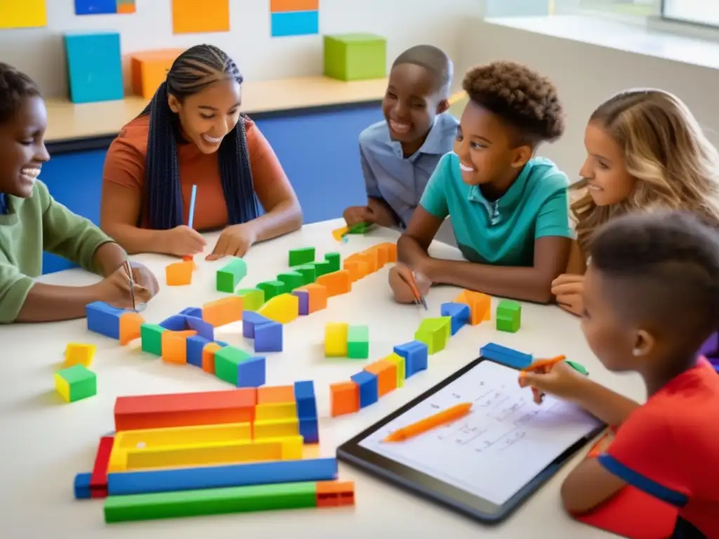 Una vibrante imagen moderna de estudiantes diversos en un aula, realizando actividades matemáticas sobre números compuestos