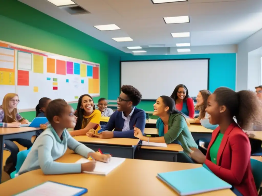 Una vibrante y llamativa imagen de un aula, con un grupo diverso de estudiantes comprometidos en una sesión de tutoría