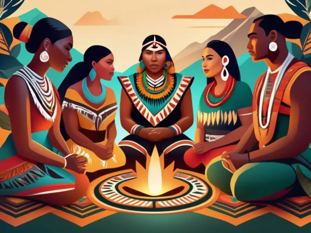 Un vibrante y moderna ilustración digital de una ceremonia tradicional de un grupo de indígenas en América del Norte, con patrones intrincados en su ropa y un telón de fondo natural exuberante que simboliza la resistencia y riqueza cultural de las comunidades indígenas