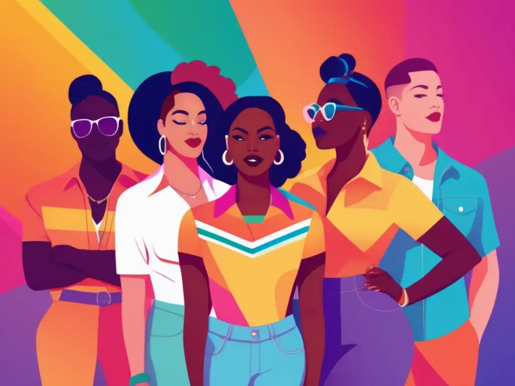 Un vibrante y moderna ilustración de un diverso grupo de personas LGBTQ+ de pie juntas, con fondos abstractos y poses empoderadoras