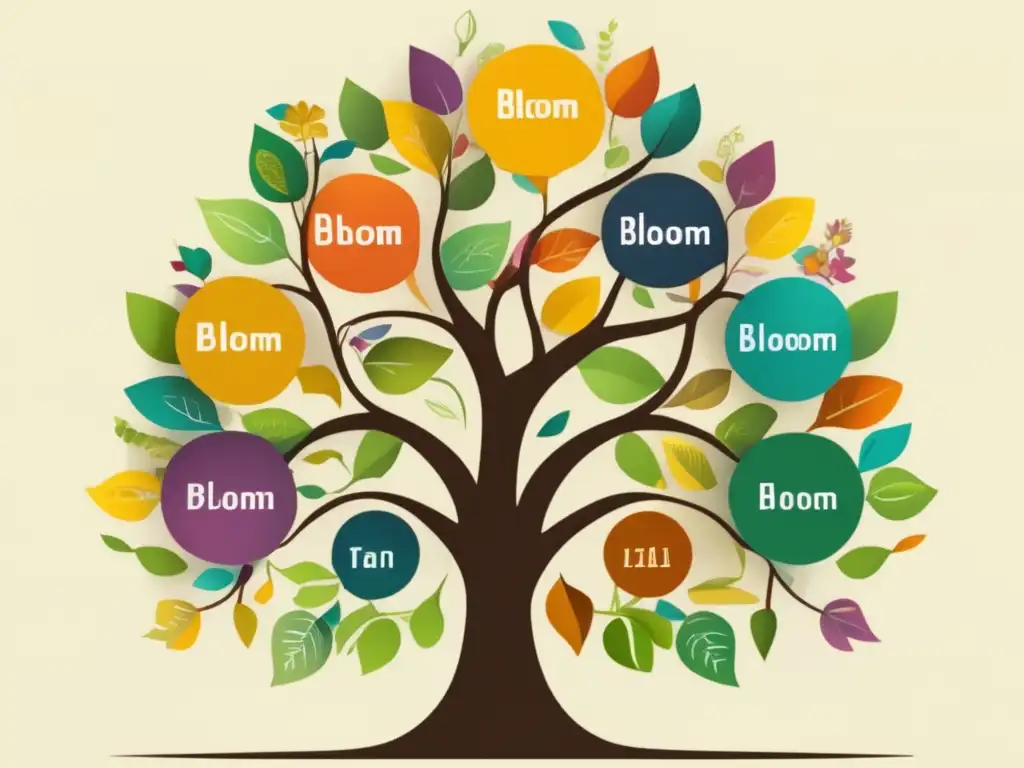 Una ilustración vibrante y moderna representa la Taxonomía de Bloom como un árbol del conocimiento